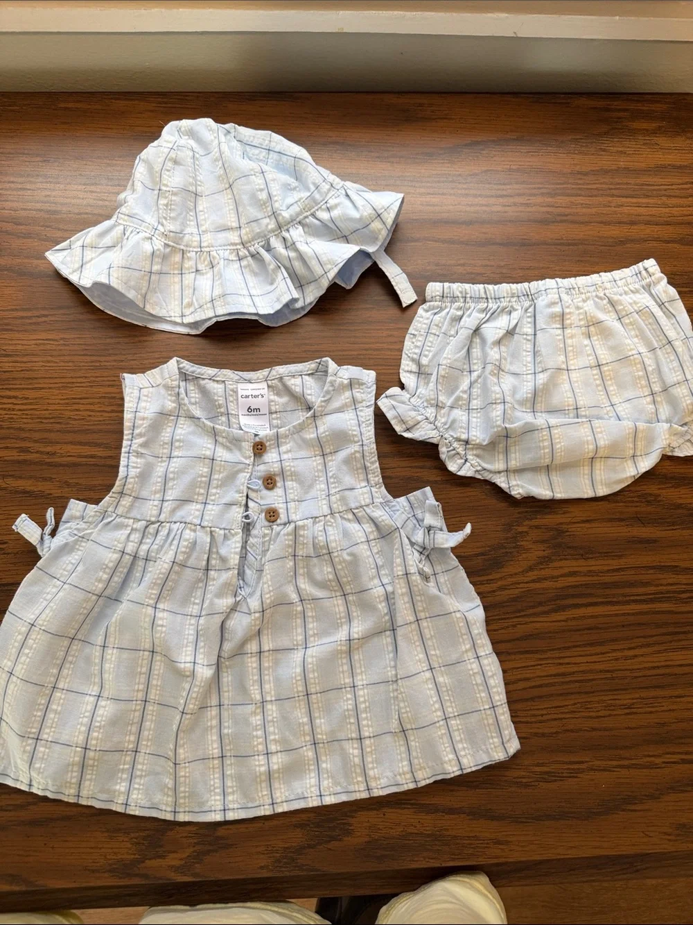 Carter's Light Blue Plaid Dress, Bloomers & Sun Hat Set